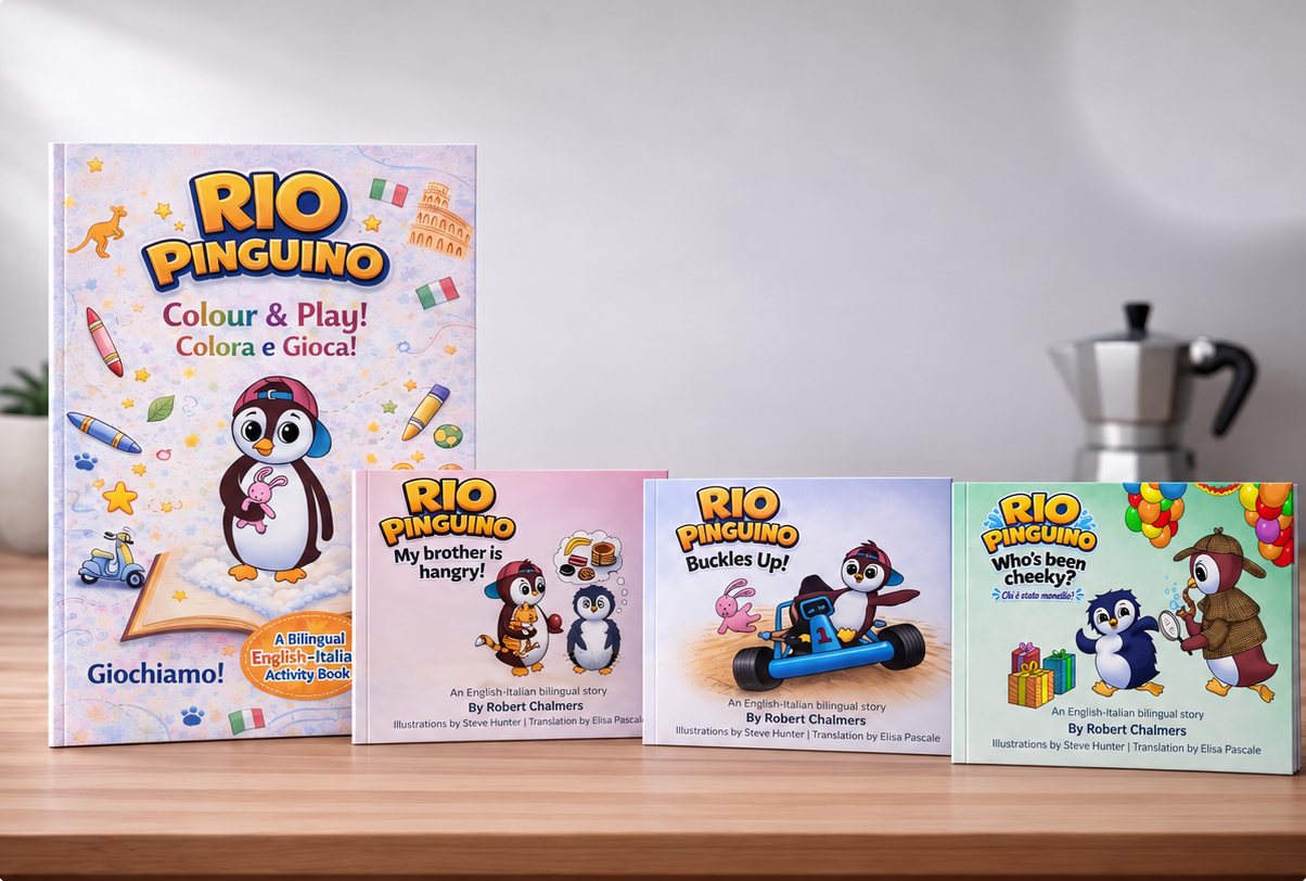 The Rio Pinguino collection: the Colour & Play! Activity Book and the three picture books, Buckles Up!, My Brother is Hangry! and Who's Been Cheeky?