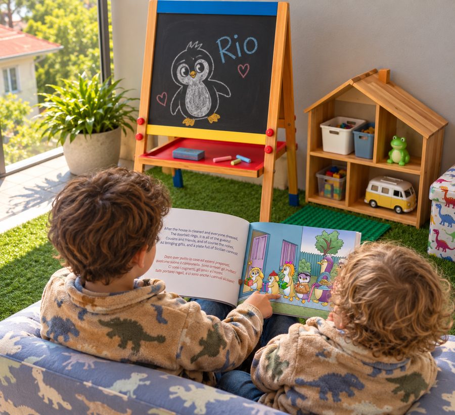 Two children reading a bilingual Rio Pinguino book beside a chalkboard with Rio drawn on it