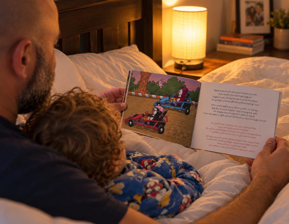 Dad reading a bilingual Rio Pinguino book to his child at bedtime